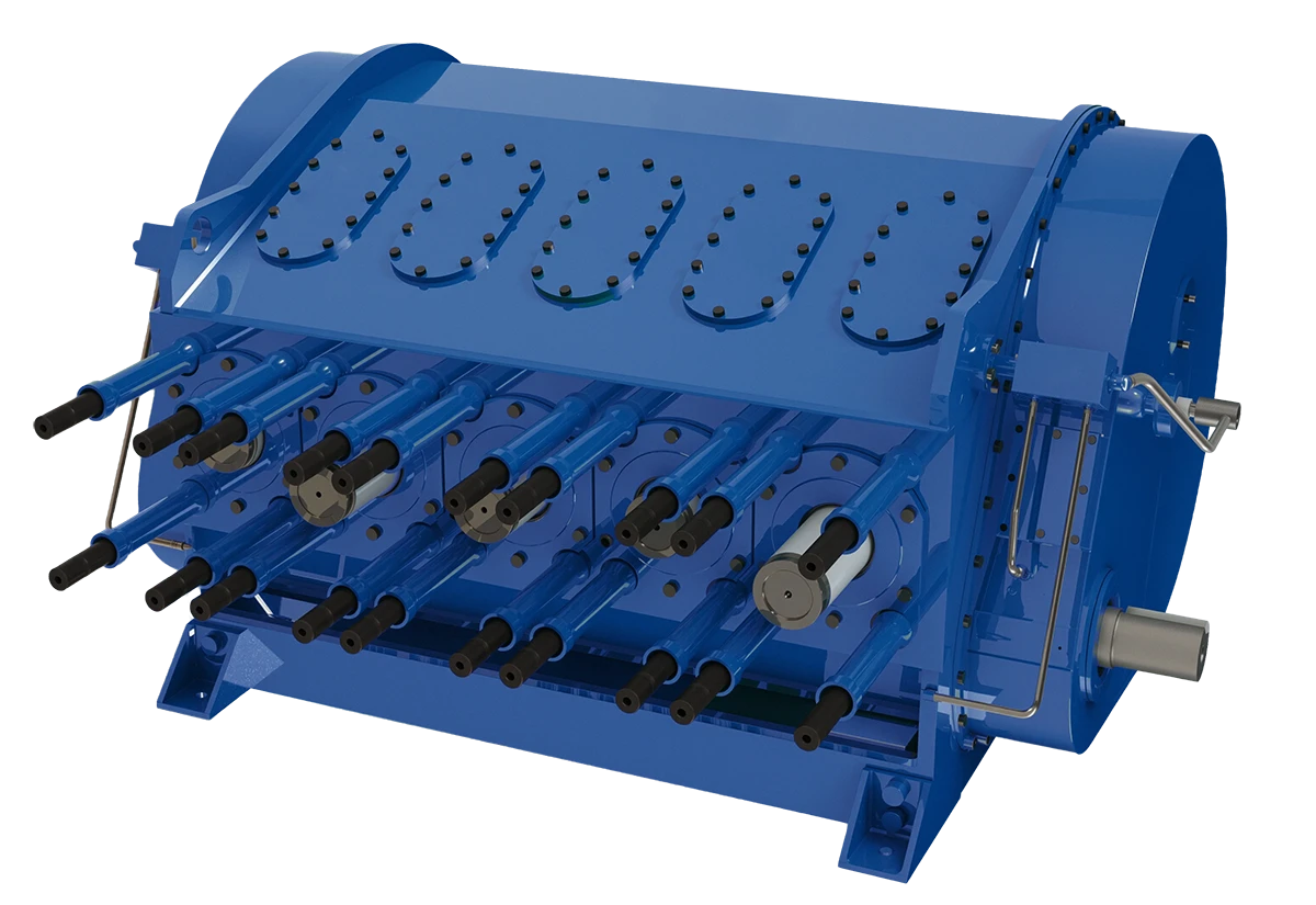 Blue industrial roller assembly with multiple horizontal cylinders and control levers, used for processing or filtration in a factory setting